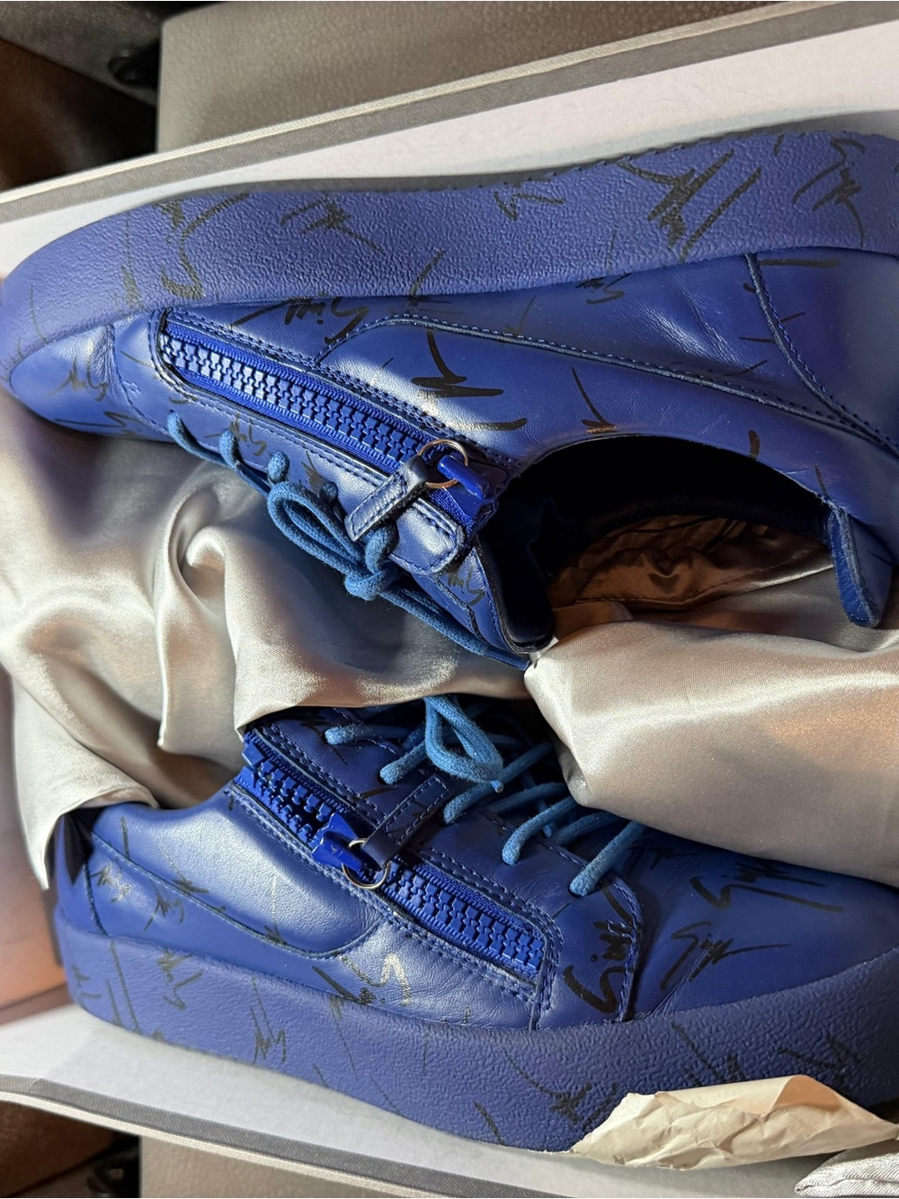 Giuseppe Zanotti Blue Leather Zip-Detail Sneakers with Black Signature Print